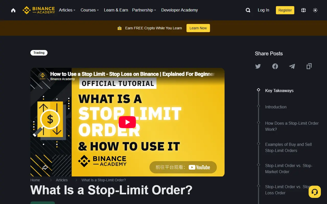 Binance Academy 公開 Stop-Limit 說明頁,可見 What Is a Stop-Limit Order 主題、官方操作影片與買賣範例等目錄