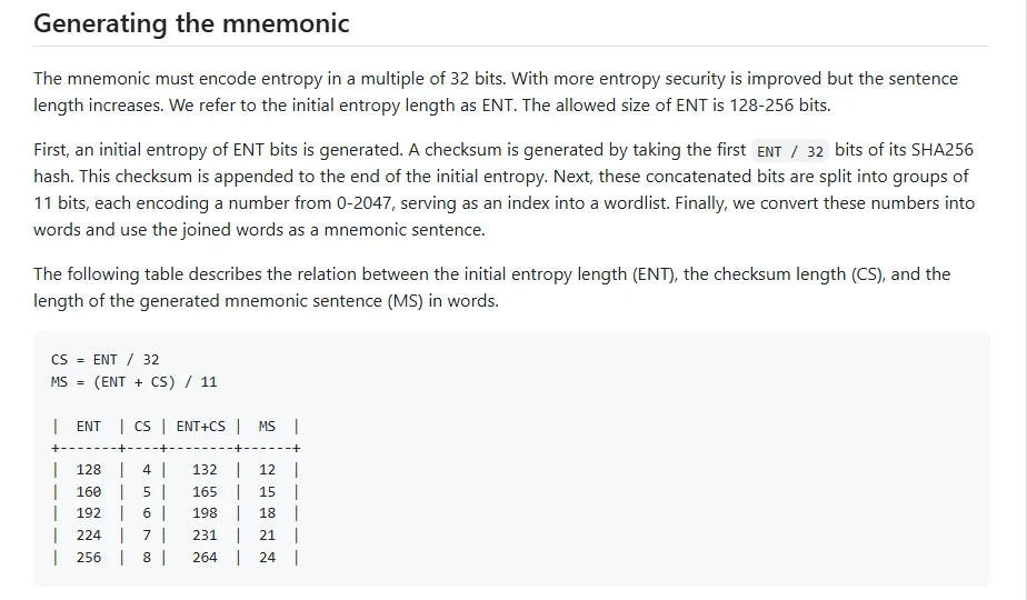 BIP-39 規範頁面中「Generating the mnemonic」一節,表格列出熵長度 128 到 256 位元分別對應 12、15、18、21、24 個助記詞
