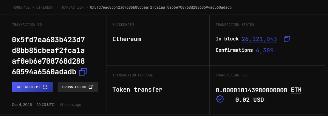 3xpl 區塊瀏覽器上一筆 Ethereum USDT 代幣轉帳，交易手續費顯示 0.00001014398 ETH，約 0.02 美元