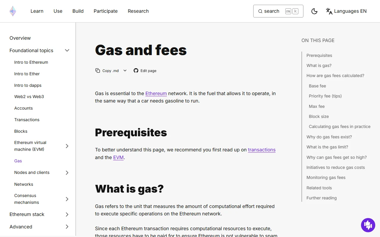 ethereum.org կայքի «Gas and fees» փաստաթղթի էջը. աջ կողմի բովանդակության մեջ են Base fee, Priority fee, Max fee և gas limit բաժինները