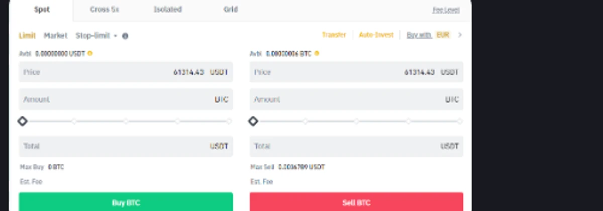 Binance Academy-ի իրական Spot սահմանային գնման և վաճառքի վահանակը՝ Limit, Price, Amount և Total դաշտերով