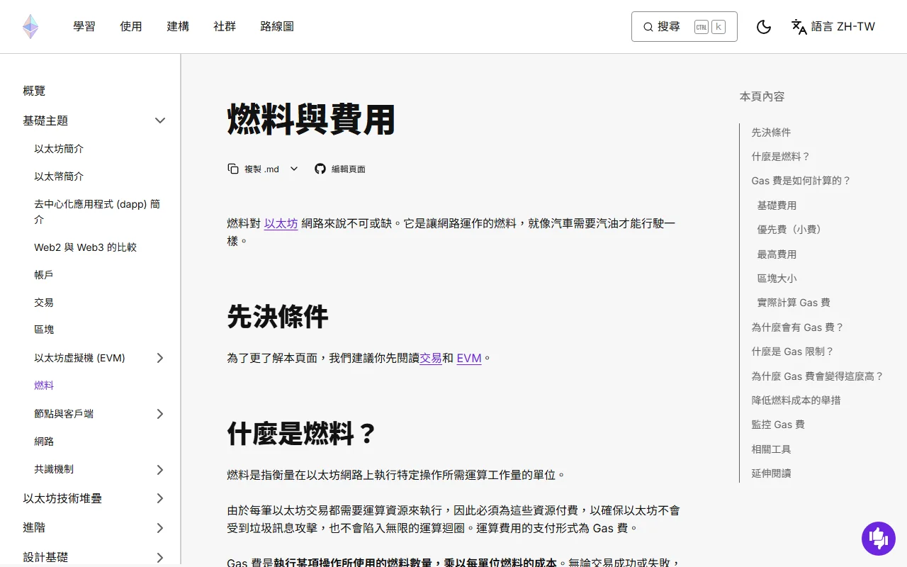 ethereum.org 繁體中文版「燃料與費用」文件頁面，右側目錄列出基礎費用、優先費（小費）、最高費用、Gas 限制等章節