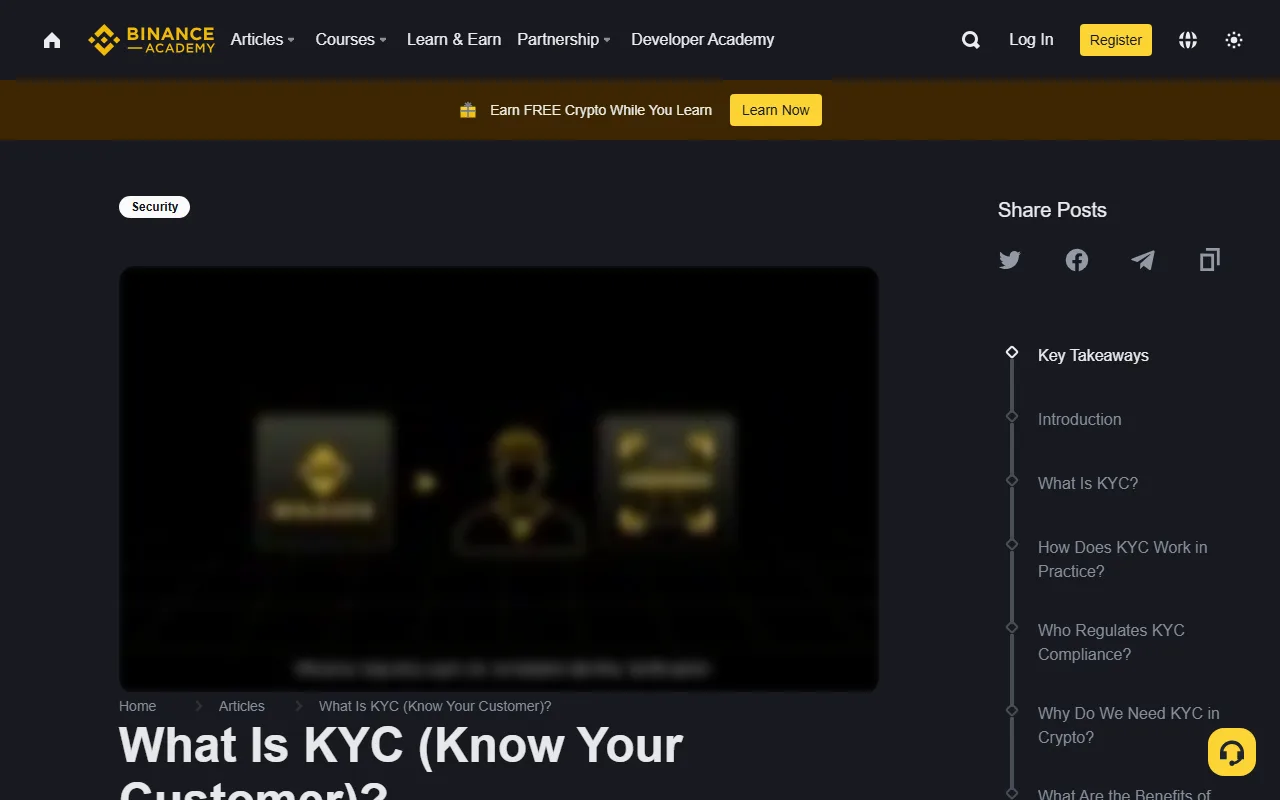 Binance Academy 的 KYC 說明頁截圖,可見文章標題、內容導覽與 KYC 主題