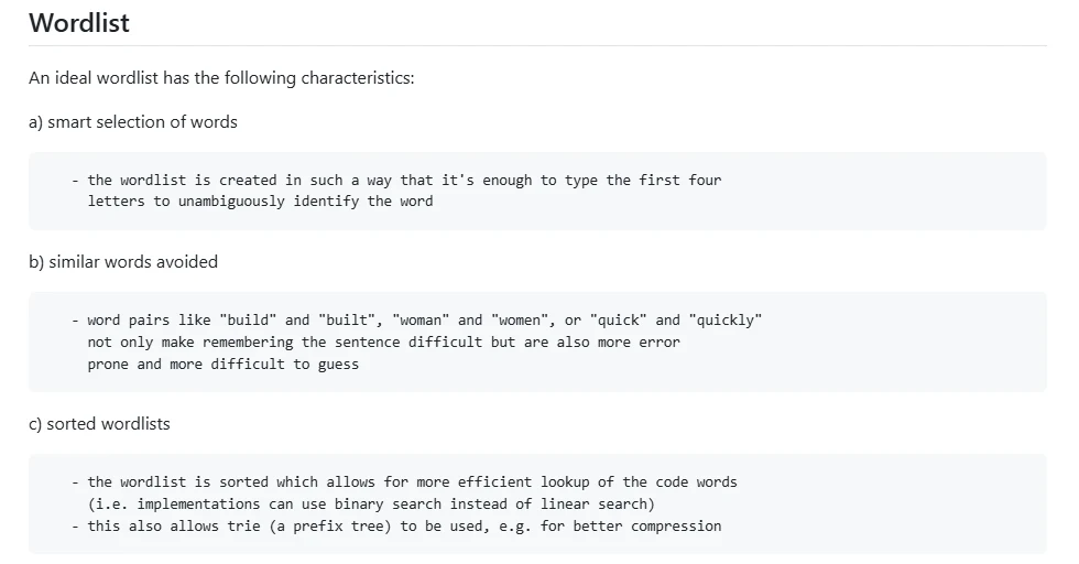 BIP-39 規範頁面的「Wordlist」一節,列出詞表的設計原則:只要輸入前四個字母就能唯一辨識一個單字、避免 build 與 built 這類相似詞、詞表依字母排序