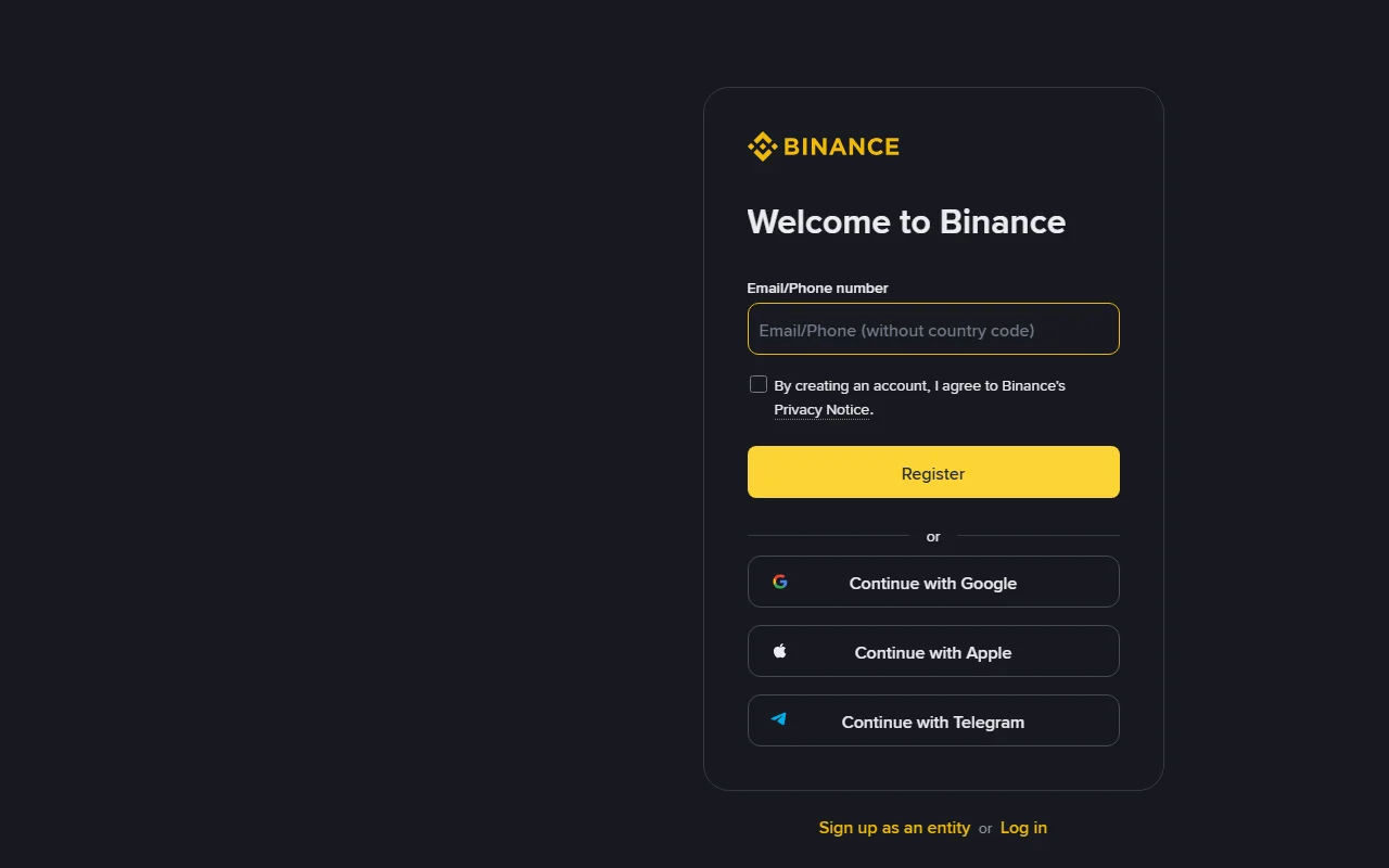 Binance 目前的公開註冊頁,包含電子郵件或手機欄位、條款勾選與 Register 按鈕