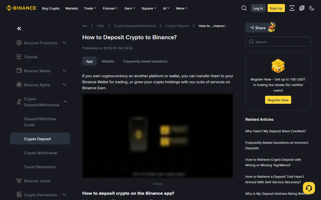 Binance 官方目前的加密貨幣入金說明頁,可見 Crypto Deposit 分類、App/Website 教學入口與相關未到帳說明