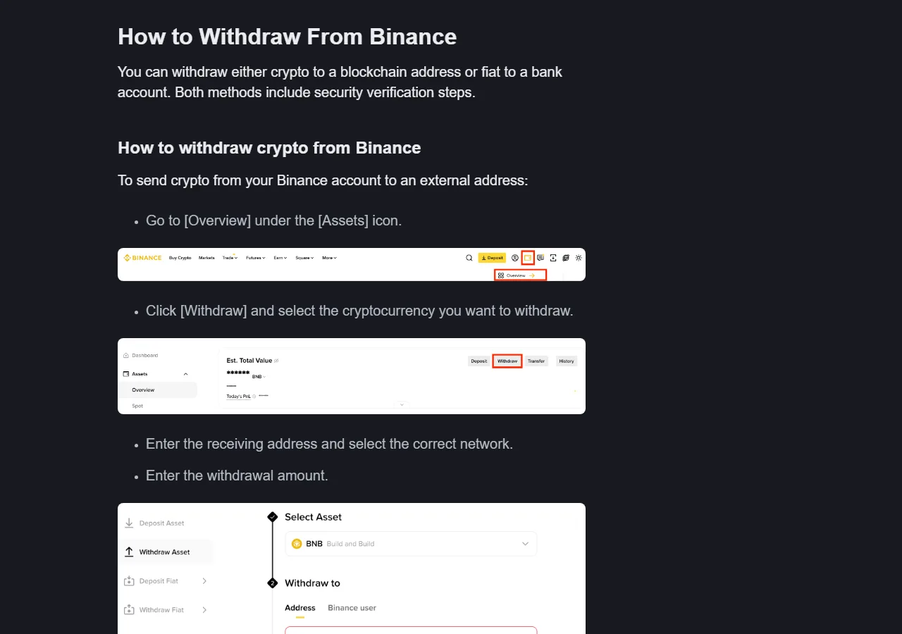 Binance Academy 官方提領指南實拍，顯示資產總覽中的 Withdraw 入口、資產選擇及接收地址欄位