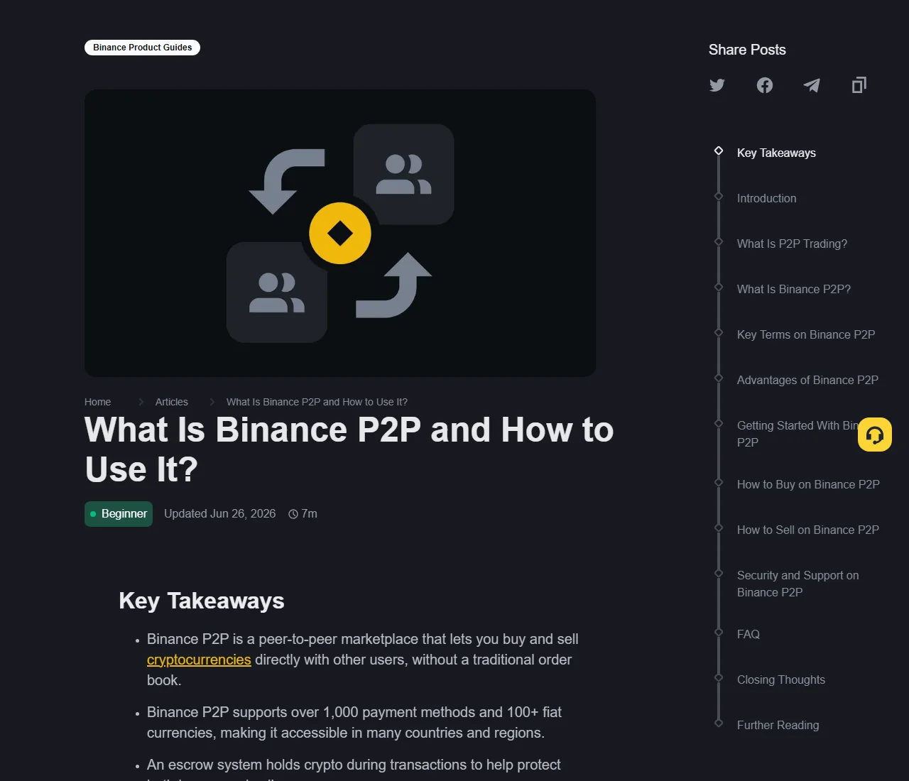 Binance Academy-ի P2P պաշտոնական ուղեցույցի իրական պատկերը․ երևում են վերնագիրը, թարմացման ամսաթիվը, հիմնական մտքերն ու escrow-ի բացատրությունը