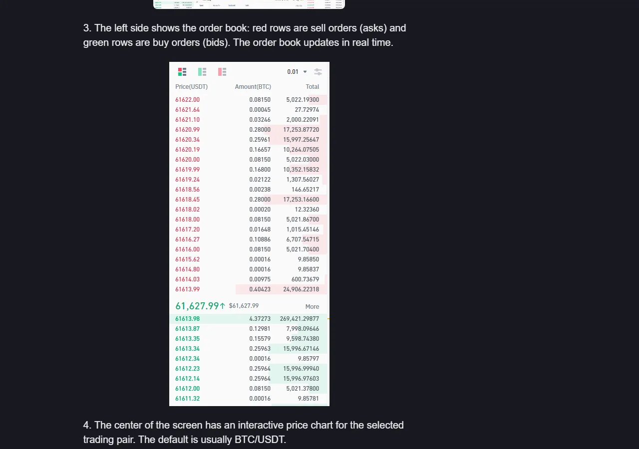 Binance Academy-ի իրական Spot ուղեցույցը՝ BTC/USDT պատվերների գրքի կարմիր վաճառքի, կանաչ գնման, գնի և քանակի սյունակներով
