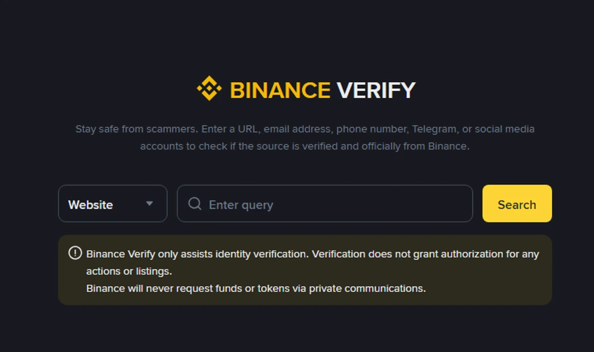 Binance Verify-ի իրական էջի պատկերը՝ կայքահասցե, էլ. փոստ, հեռախոսահամար, Telegram և սոցիալական հաշիվ ստուգելու դաշտերով