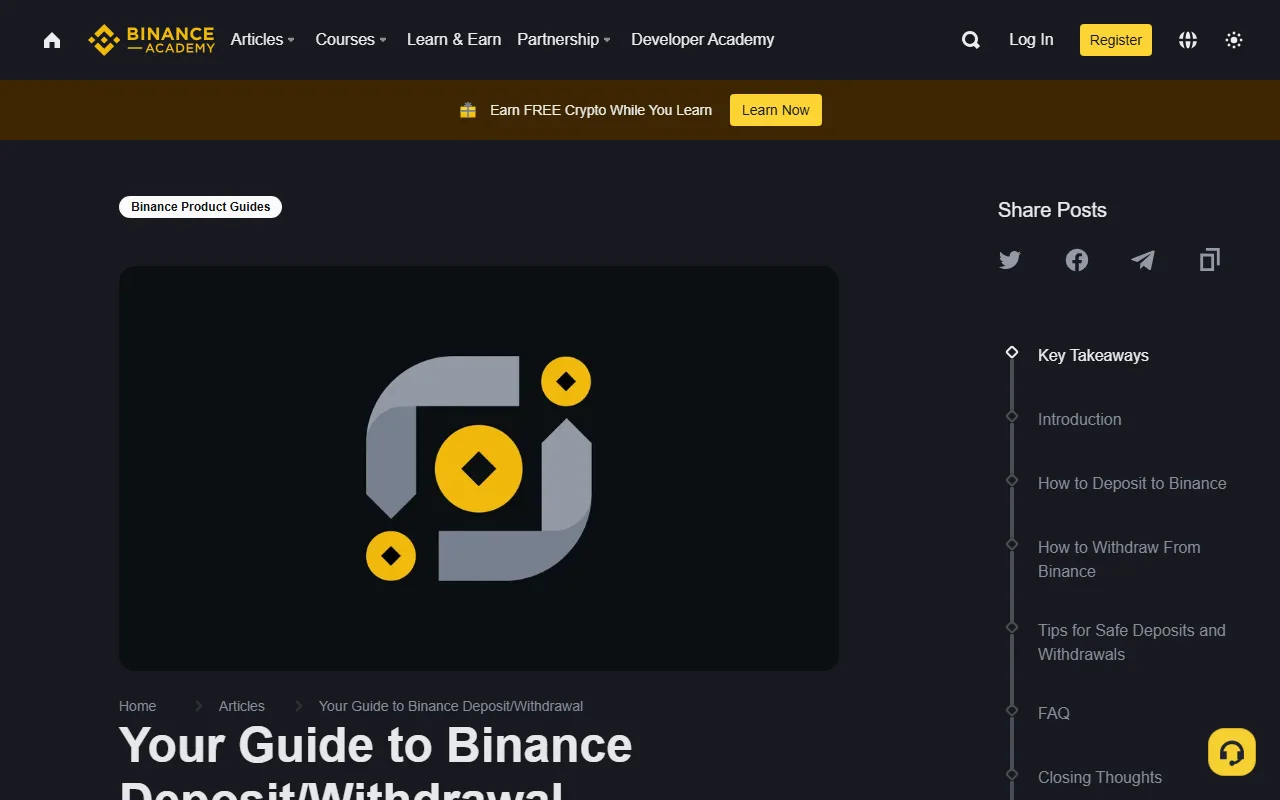 Binance Academy 存入與提領指南的實際頁面截圖,可見 Deposit、Withdraw 文章大綱