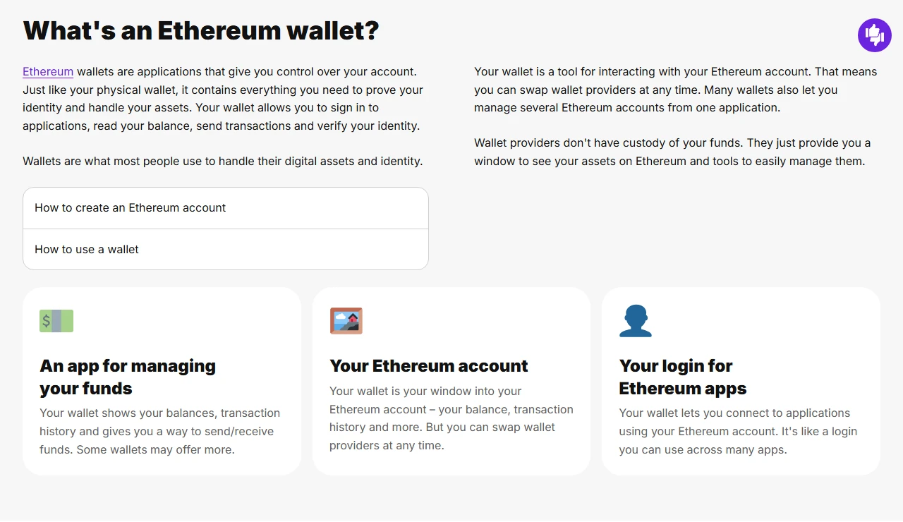 ethereum.org-ի իրական էկրանի պատկերը՝ դրամապանակի երեք կիրառությամբ. ակտիվների կառավարում, Ethereum հաշվի դիտում և հավելվածների մուտք