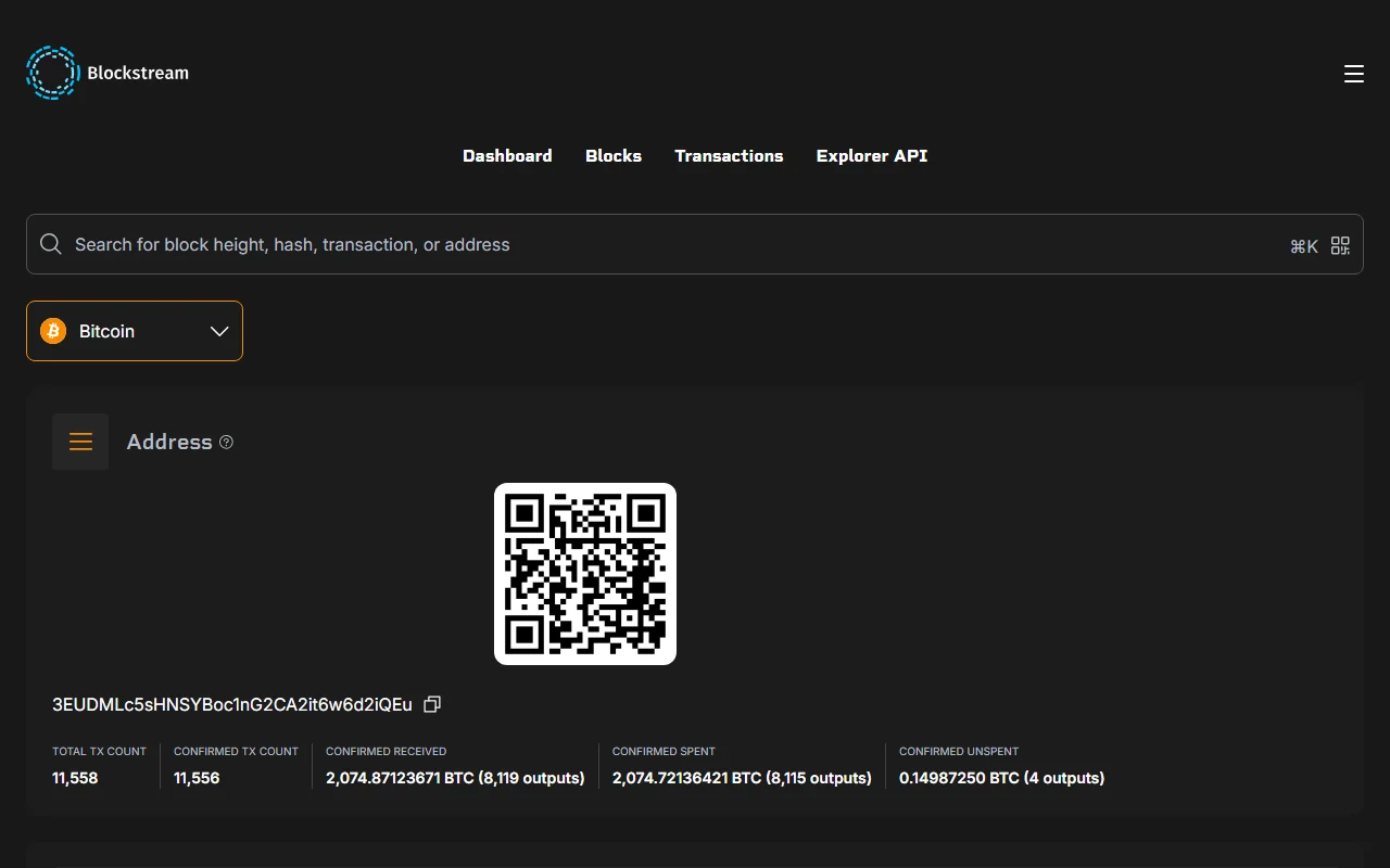 Blockstream բլոկ-հետազոտիչի հասցեի էջը․ ցուցադրված են 3EUDMLc5sHNSYBoc1nG2CA2it6w6d2iQEu հասցեն, QR կոդը, 11,558 գործարք, ստացված 2,074.87123671 BTC և չծախսված 0.14987250 BTC մնացորդ