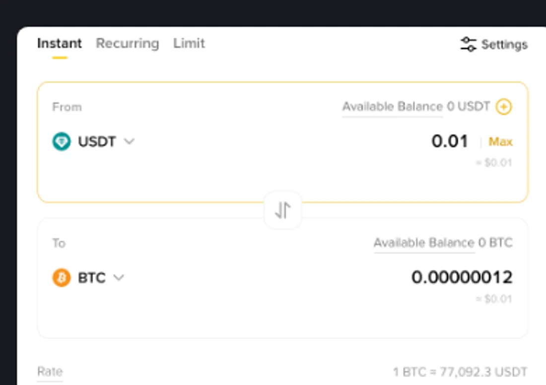 Binance Academy-ի Convert վահանակը՝ ակնթարթային (Instant) փոխանակմամբ, From և To դաշտերով, հասանելի մնացորդով ու փոխարժեքով