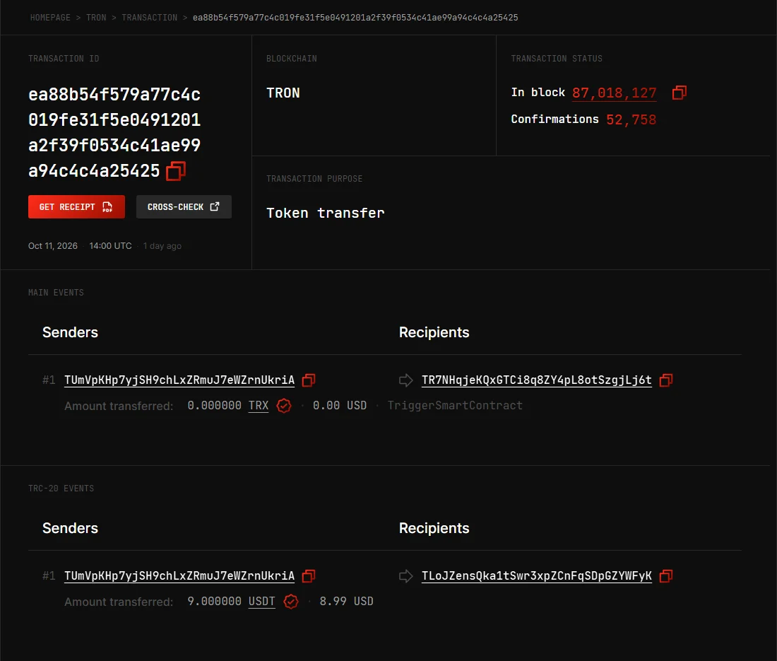 3xpl բլոկ-հետազոտիչում Tron ցանցի գործարք․ աջ վերևում In block և Confirmations, Main events բաժնում ստացողը USDT պայմանագիրն է 0 TRX գումարով, TRC-20 Events բաժնում 9 USDT փոխանցված է ստացողի հասցեին