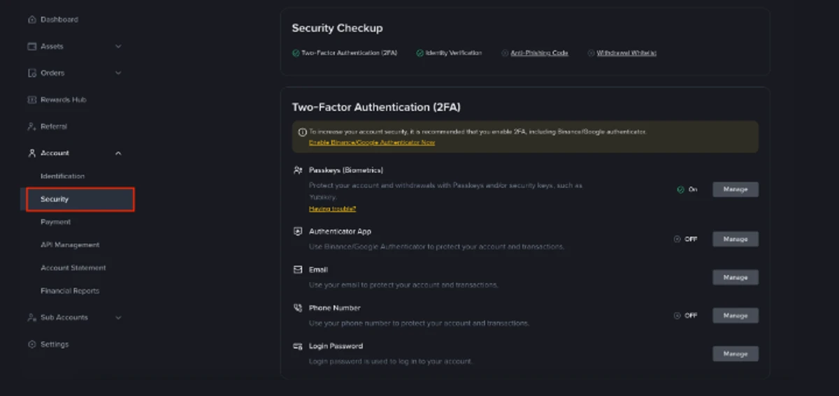 Binance Academy 安全指南中的真實 Security Checkup 頁面，顯示 Passkeys、Authenticator App、Email、Phone Number 與管理入口